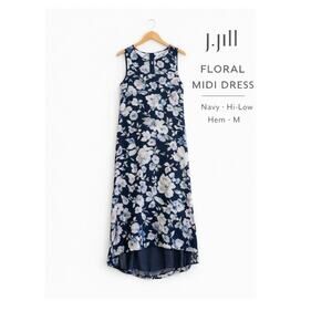 J Jill Floral Midi Dress Sleeveless Hi Low Rayon Navy Womens Medium
